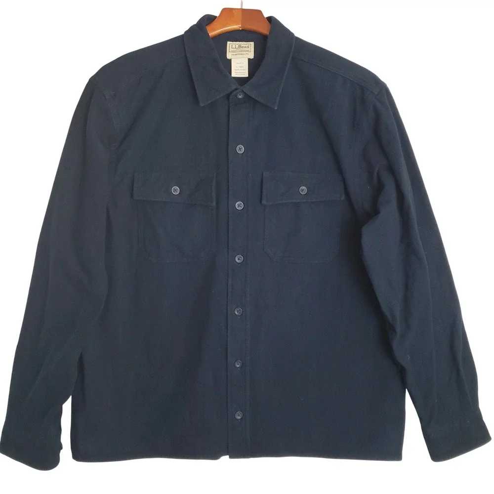 L.L.Bean Mens‎ Traditional Fit Heavy Flannel Button Up Shirt Size L Navy Cotton